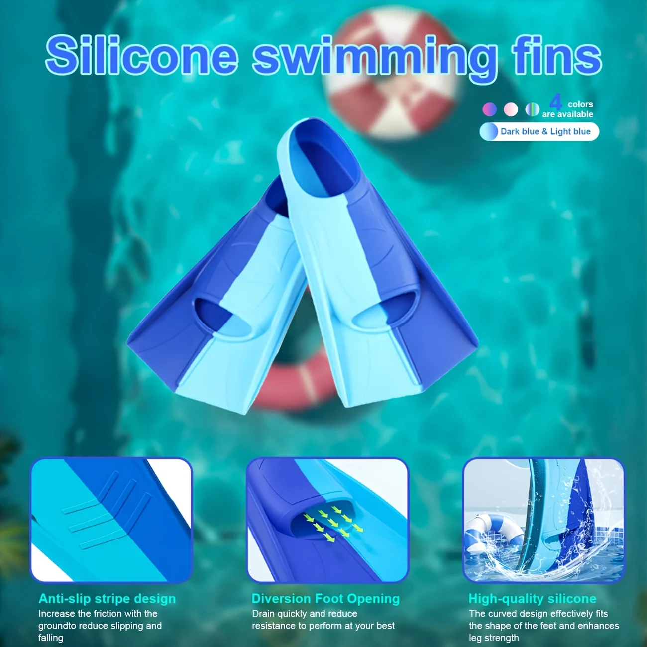 Silicone Swimming Fins Full Foot Pocket Floating Buckles Snorkeling Diving Short Flippers Adults Training Lap Swim Shoe Travel