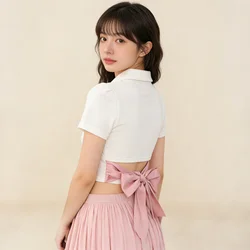 Kawaii Letter Embroidery Crop Top T-shirt Women Turn Down Collar Back Bow Bandage Sweet Tshirts Summer Y2k Fairy Cute Tee Shirts