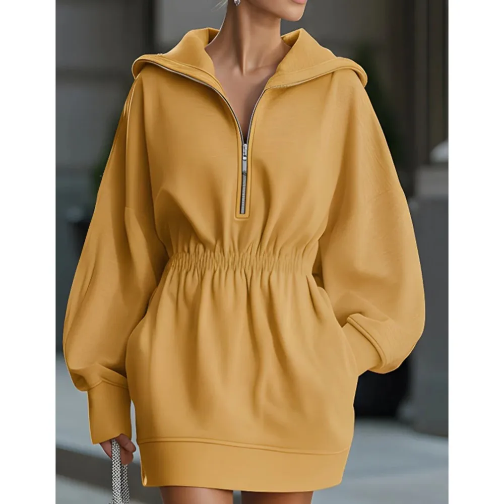 Neues Herbst-Winter-Hoodie-Kleid mit halbem Reißverschluss für Damen, modisches, elastisches Taillenkleid mit Taschen, lässiges Sport-Sweatshirt-Kleid für Frauen