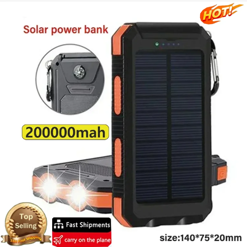 New Waterproof Solar Power Bank Portable Large Capacity 200000mah Fast Charging External Battery Power Super Bright Flashlight