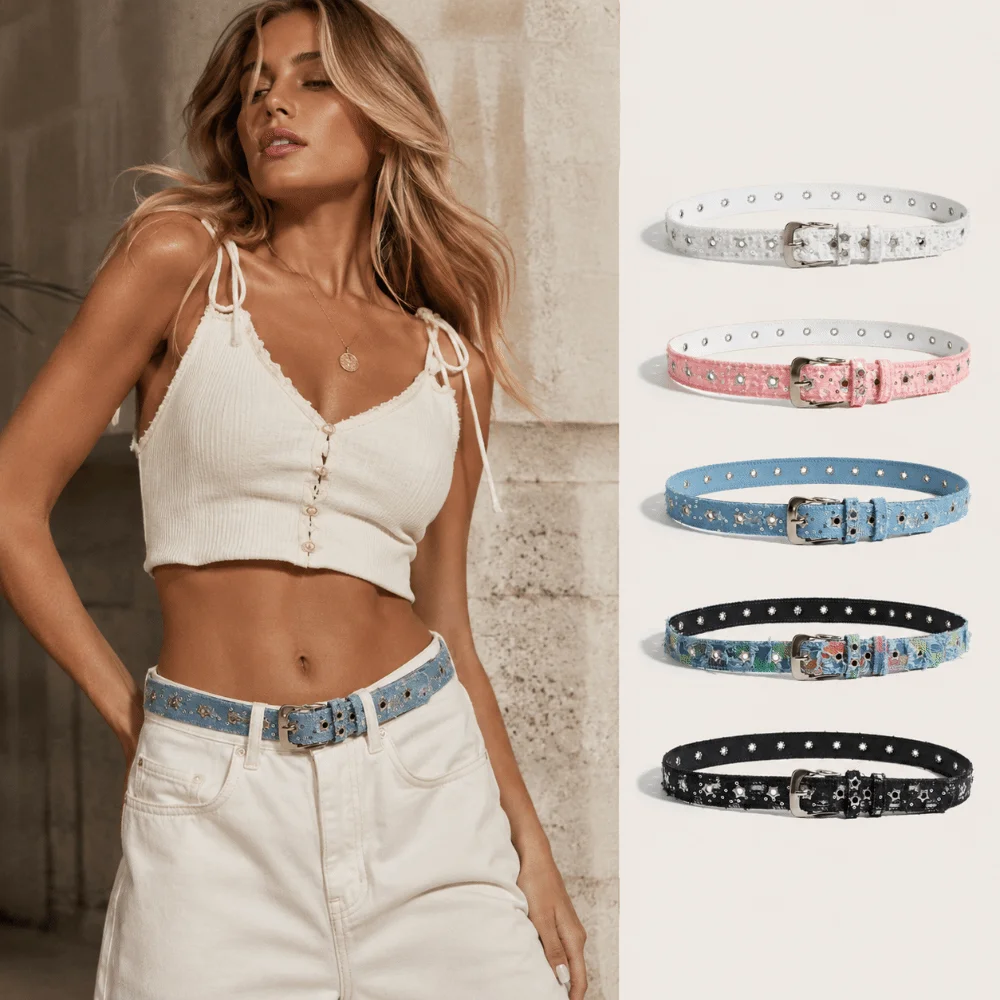 Versatile Pin Buckle Canvas Denim Waist Belt Adjustable Sequins Decoration Cowgirl Belt All-match Fashion Belt Daily Outfit