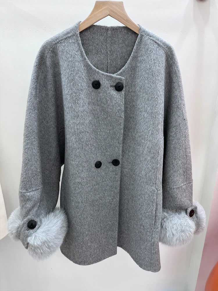 Cappotto da donna in vera pelliccia di volpe naturale da donna invernale 2024 Mantello di lana Giacca calda in cashmere Cappotto femminile spesso di lusso