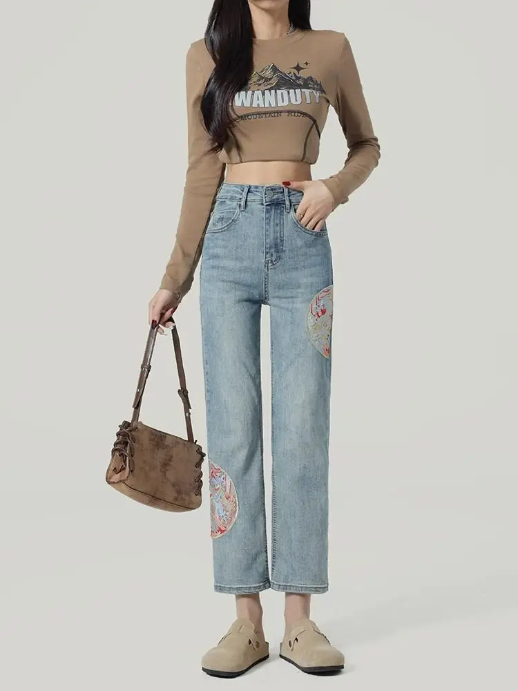 Neue Chinesische Sle Hohe Taille Gerade Bein Jeans frauen Frühling Sommer Kleine Größe Stickerei Abnehmen e Rohr Hosen