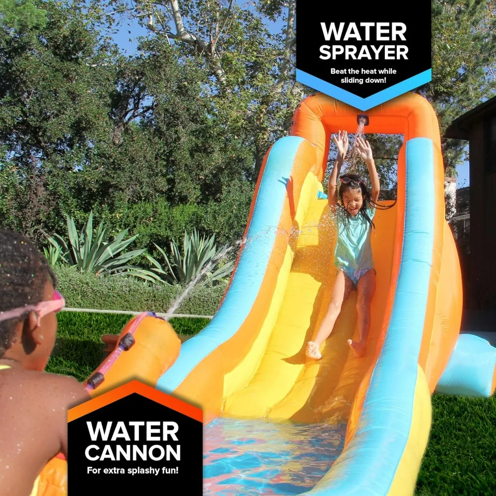 My First Inflatable Water Slide- Heavy-Duty Outdoor Slide with Water Cannon and Splash Pool with Blower,186