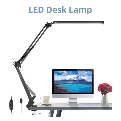 LED Folding Metal Desk Lamp Clip Light, Clamp Long Arm Dimming Table Lamp with 3 Colors for Reading and Computer Use — Best long-arm clamp option