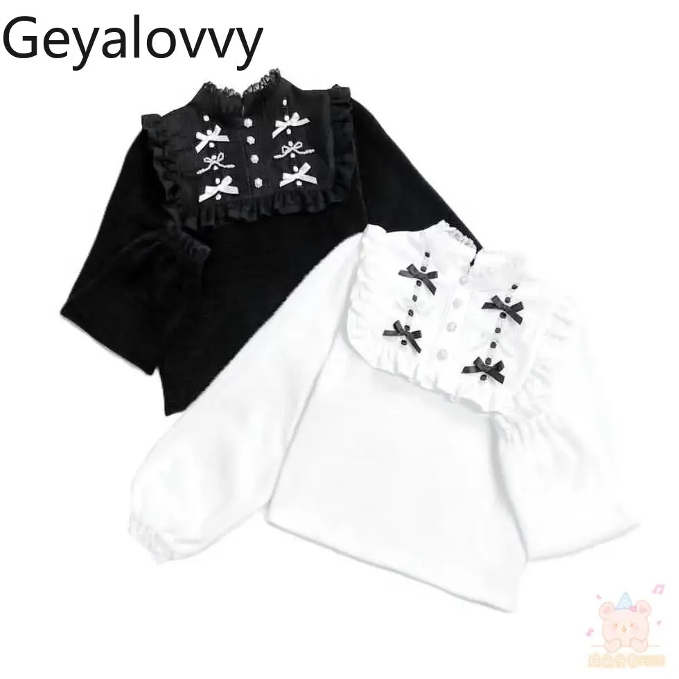 

Japanese Style Pearl Bow Lace Stand Collar Long Sleeve Pullover Sweet Girl Mass-Produced Lolita Versatile Knitted Sweater