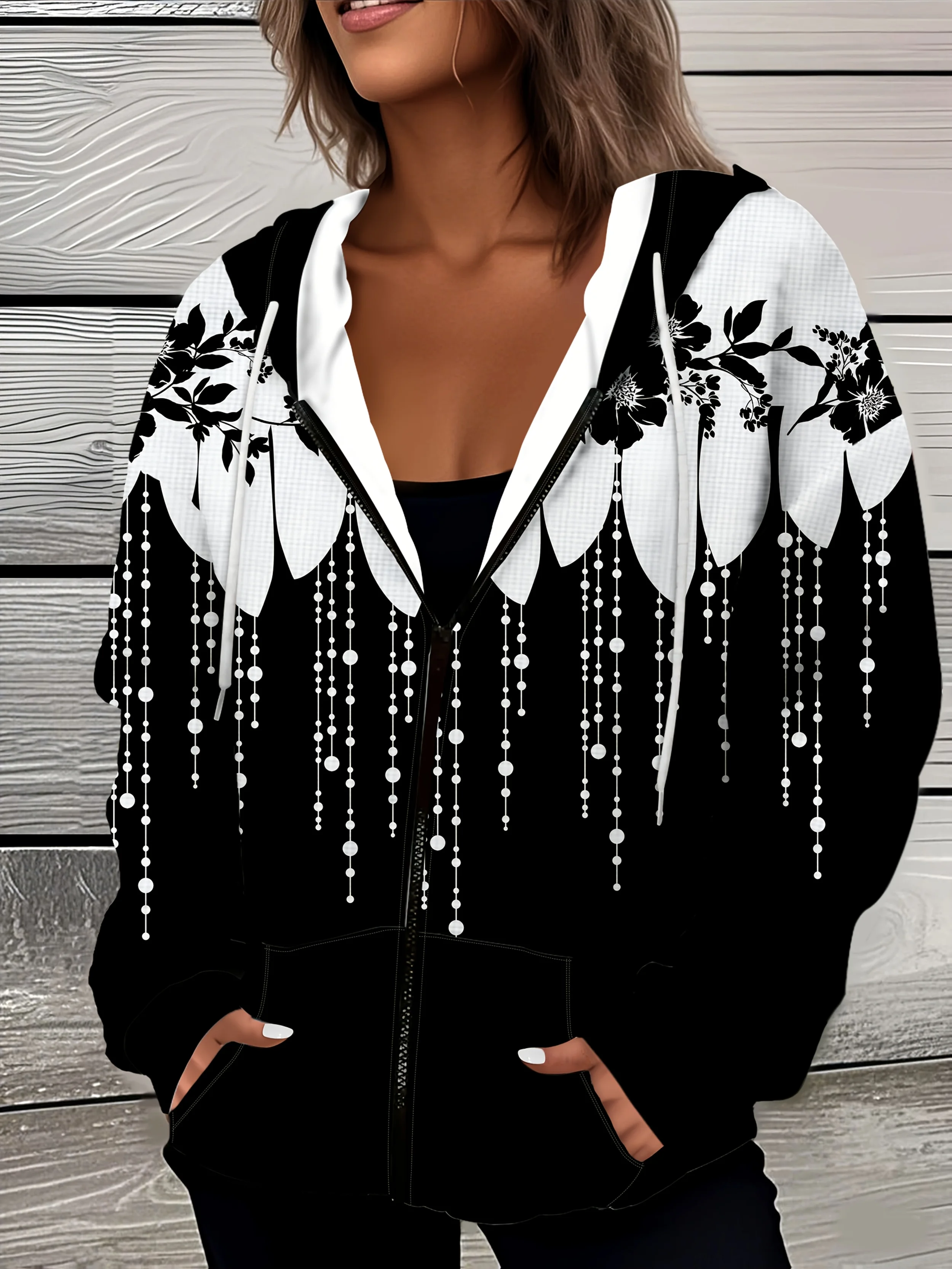 Women's Long Sleeve Hooded Jacket Floral Print Beaded Embellished Casual Spring Autumn Outerwear Lightweight Layering Top