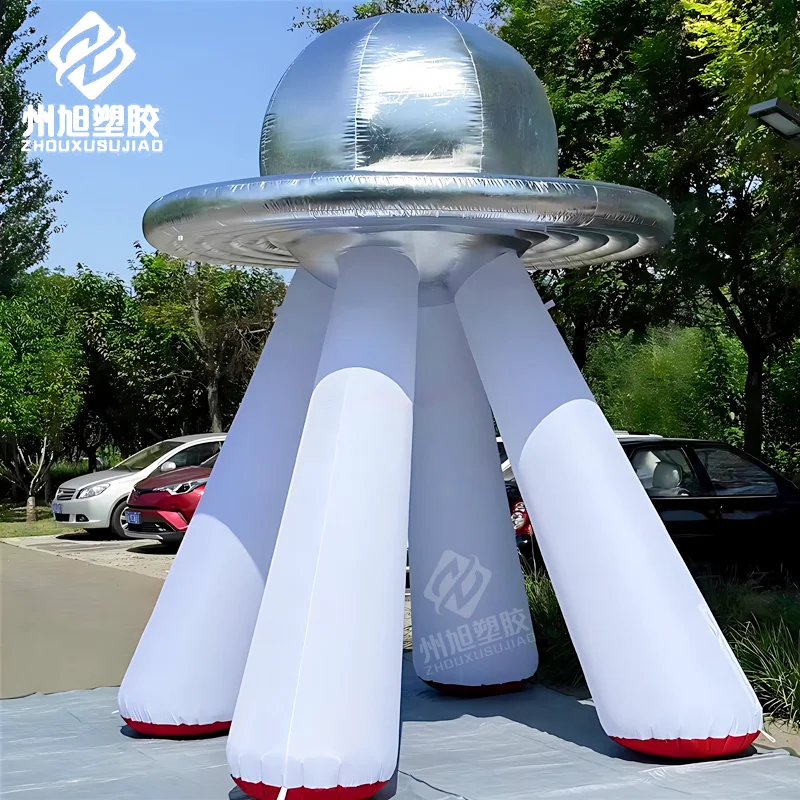 

Customized silver inflatable UFO air model with built-in LED lights for space science and alien-themed outdoor parties.