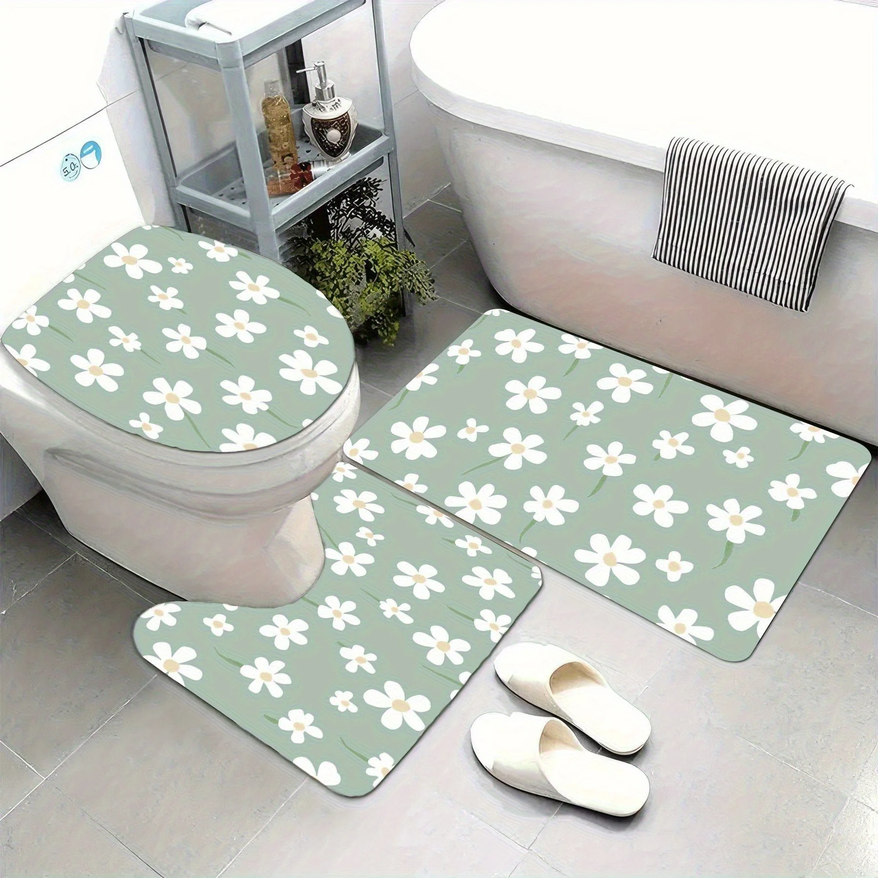 

3pc Daisy print bathroom set, U-shaped mat, non-slip mat, toilet seat cover, suitable for bathroom decoration.