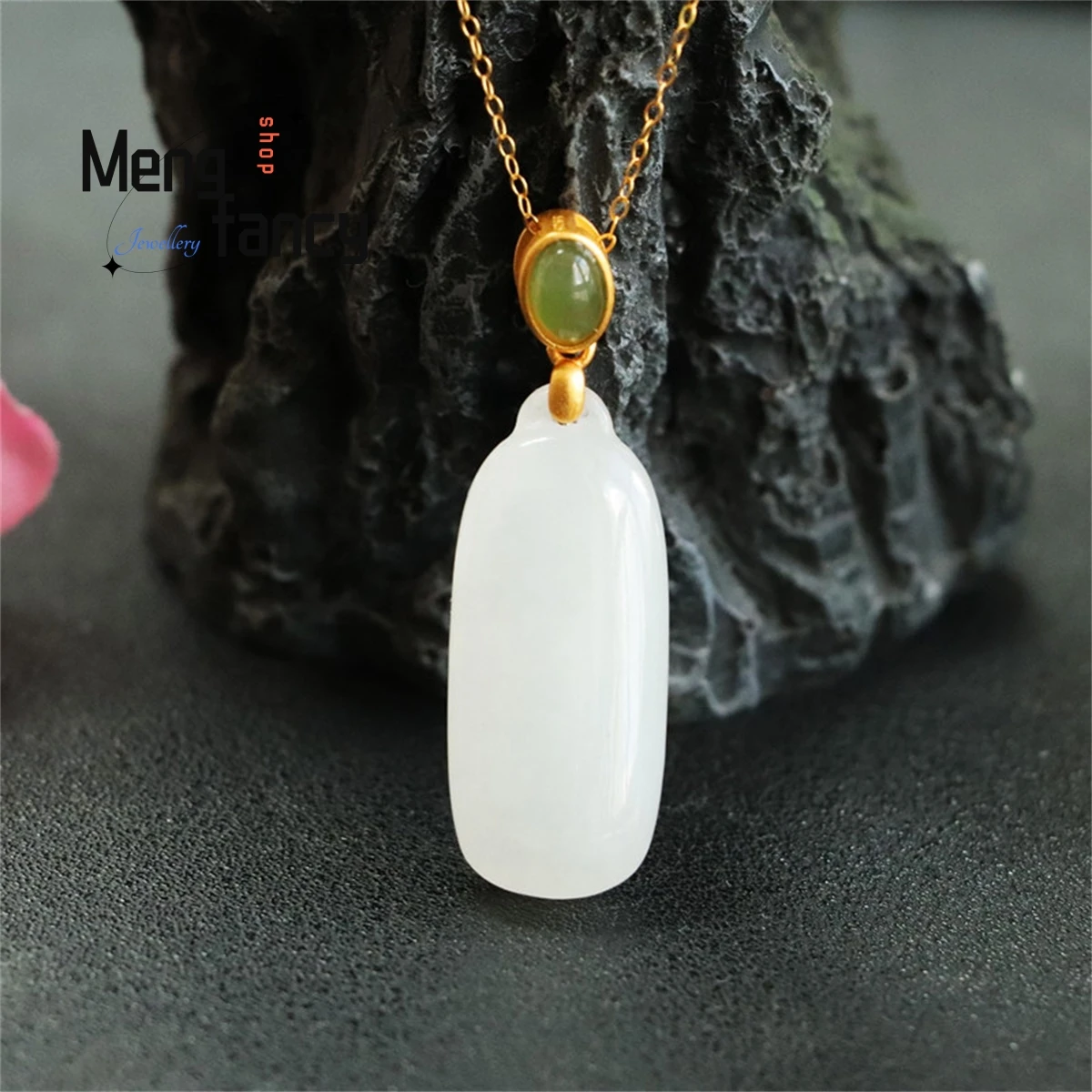 

Natural S925 Silver Inlaid Hetian White Jade Long Strip Wushi Brand Necklace Pendant Elegant Personality Fashion Luxury Jewelry