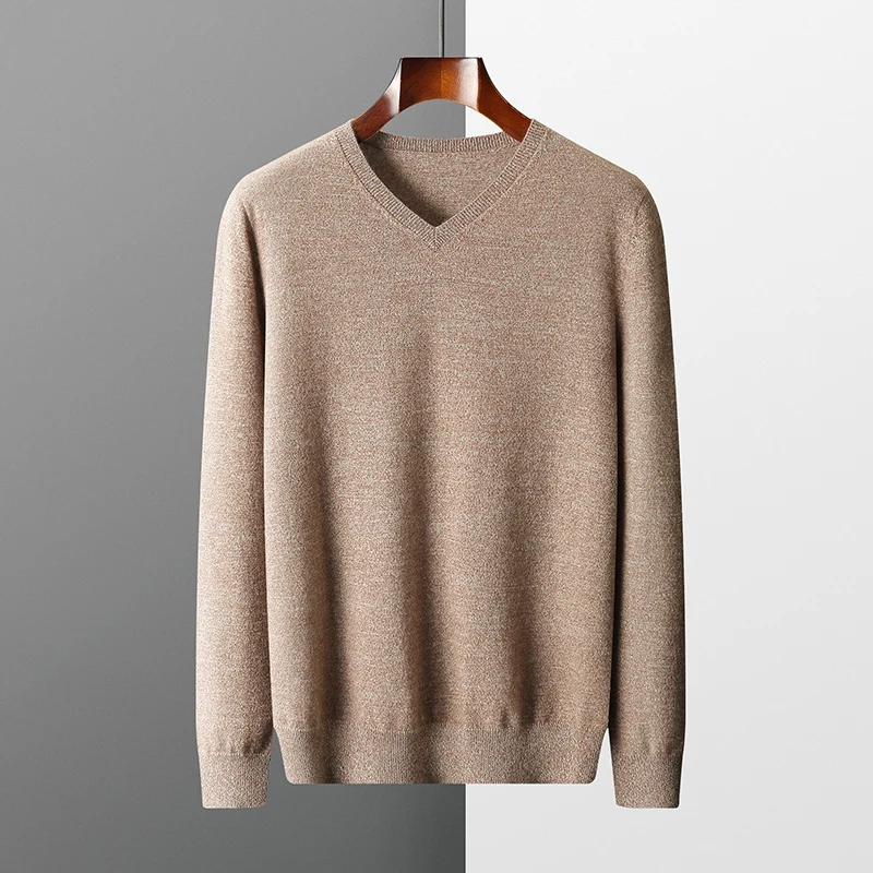 سترة رجالية من الكشمير 100% عالية الجودة برقبة على شكل حرف V - بلوفر خريف وشتاء بقصة ضيقة وأكمام طويلة، ناعم ودافئ ومريح