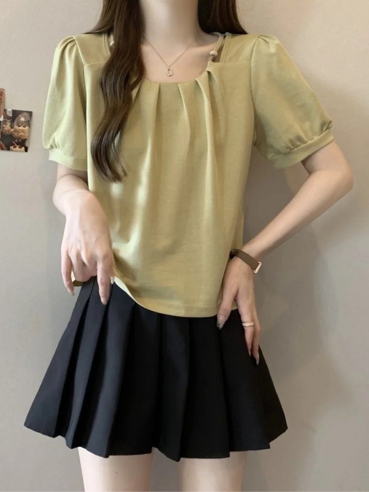 

plus Size Summer Women's T-Shirt Beautiful Beaded Bubble Sleeve Short Sleeve Slimming Design Korean Style Commute Fashion