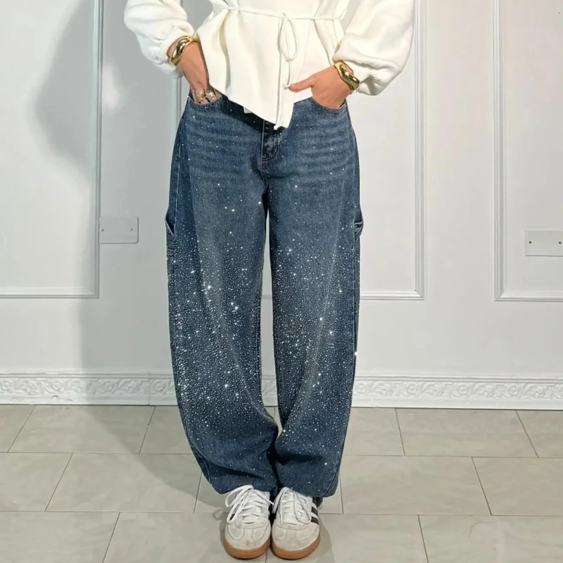2025 أربعة مواسم المرأة الجديدة فضفاض الجينز الرجال ستار سبلاش الطلاء بنطال ذو قصة أرجل واسعة الرجعية عالية الخصر الشارع السراويل زوجين نمط