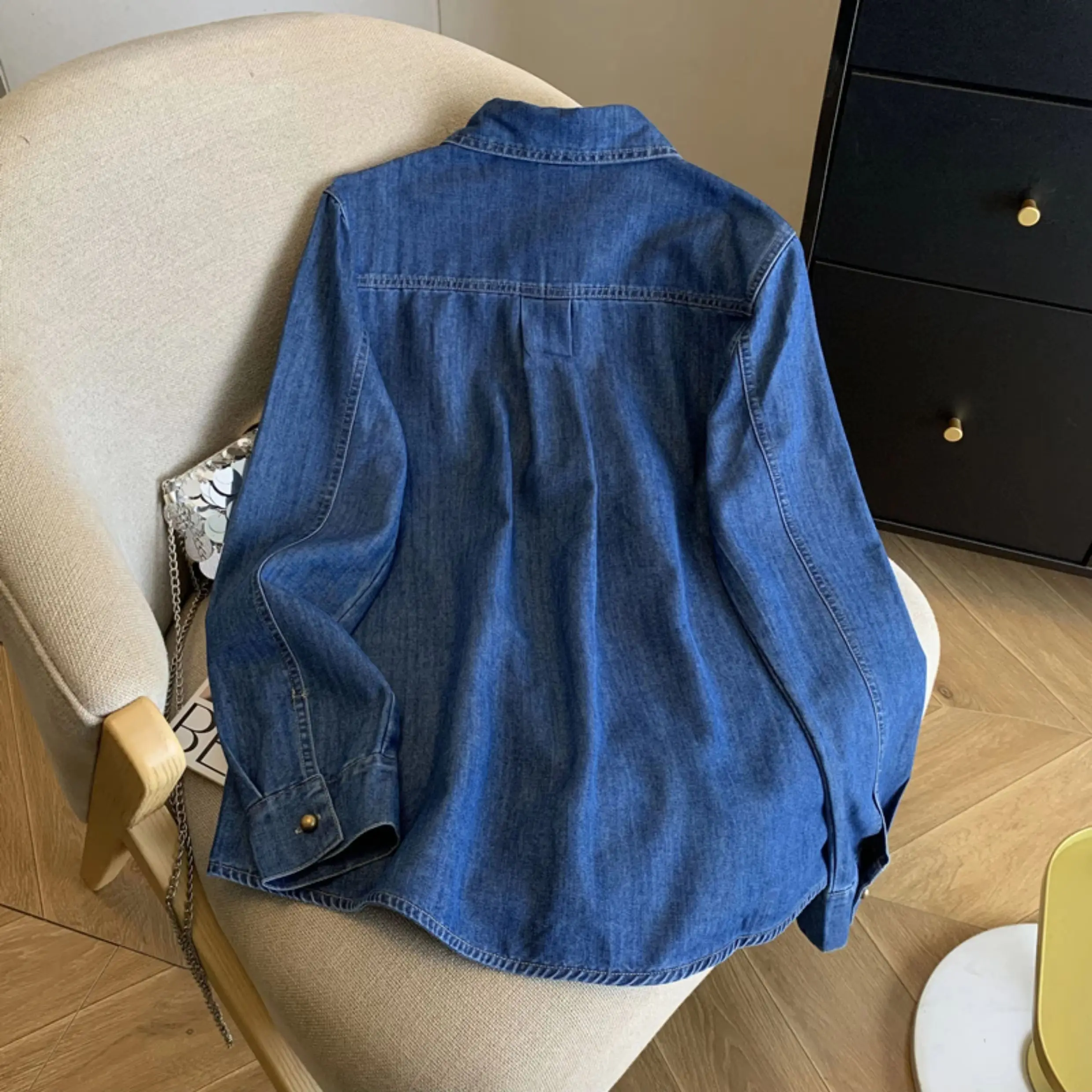 Vintage Blue Lapel Denim Shirt Women Long Sleeve Single Breasted Versatile Spring Autumn Casual Blouse 3