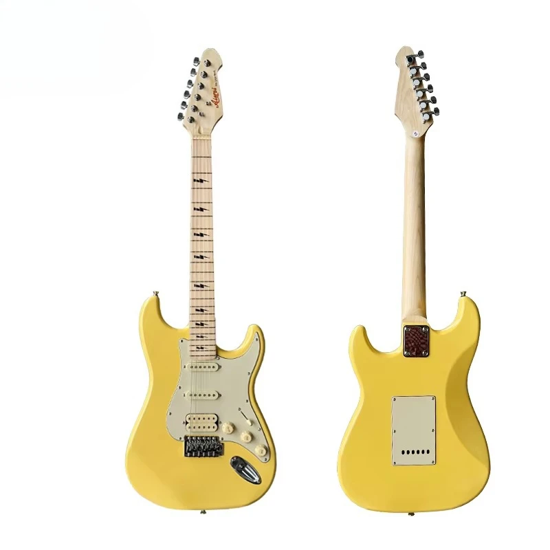 Venta al por mayor de guitarra eléctrica de marca personalizada Color amarillo 6 cuerdas diapasón de madera maciza y arce OEM ODM precio barato instrumento musical