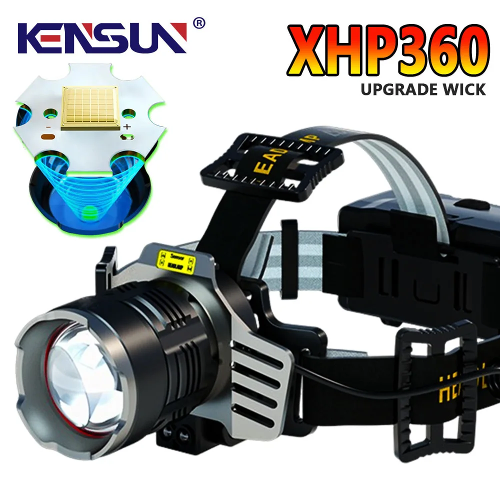 Superheller Scheinwerfer, hohe Leistung, XHP360/60 W, LED-Scheinwerfer, starkes Licht, Kopf-Taschenlampe, Teleskop-Zoom, Camping-Angellampe