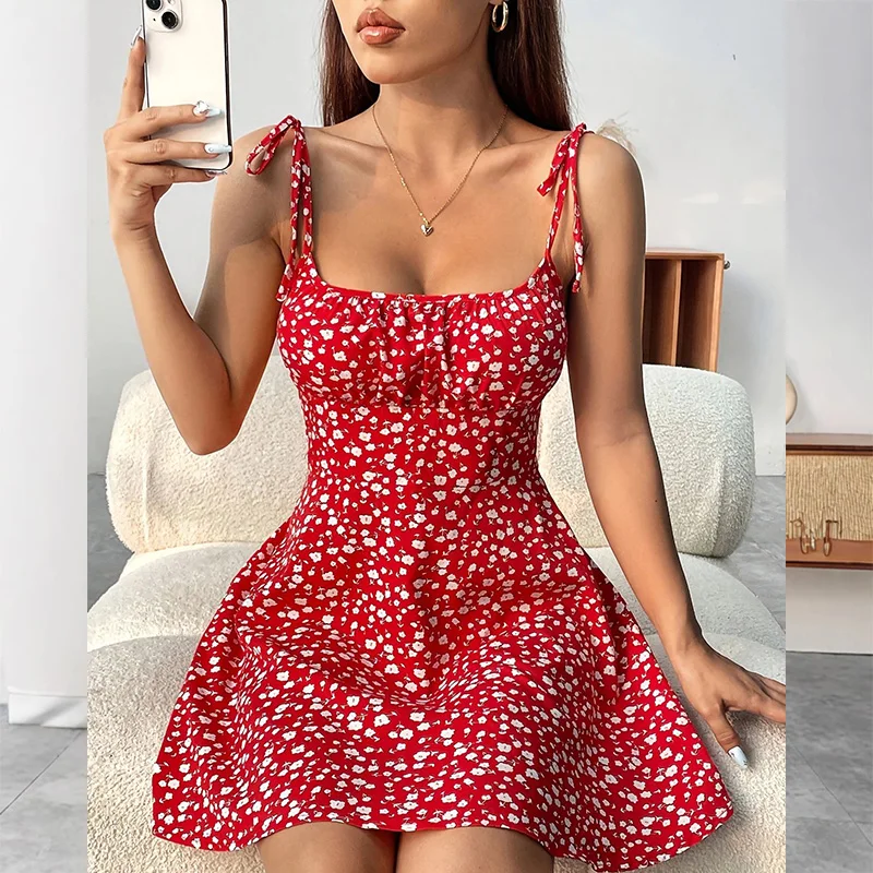 Casual Boho frauen Sommer Mini Kleid Blumen Druck Spaghetti Strap Strand Kurze Sommerkleid Elegante Backless Lose Kleider Vestidos