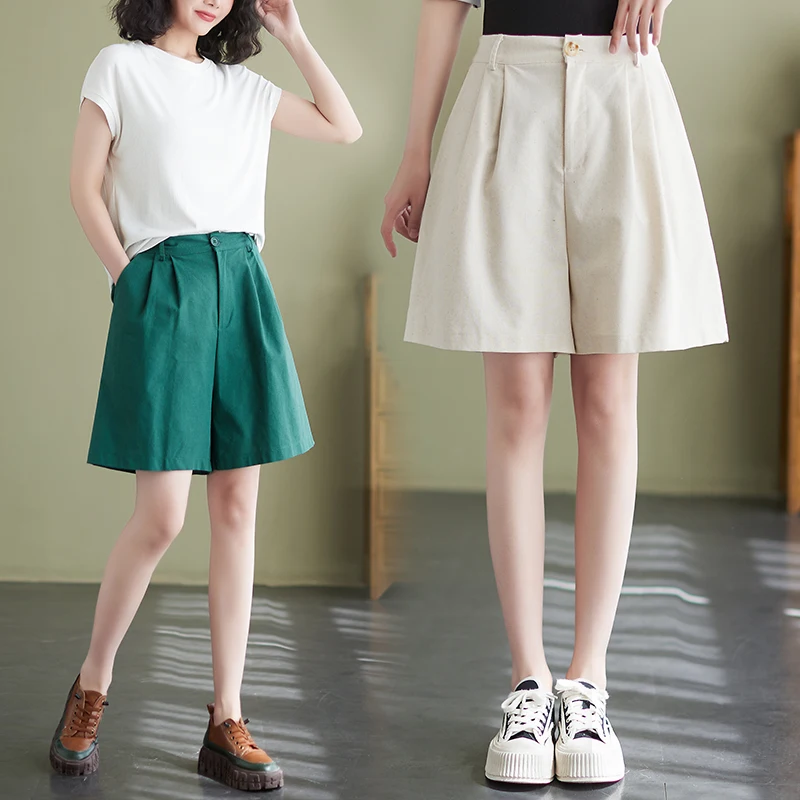 

Шорты из хлопка и льна с высокой талией, утягивающие, широкие, до колена, повседневные, тонкие, дышащие, комфортные, женские