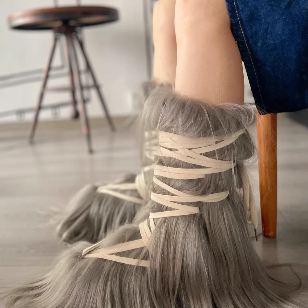 

Gray Fluffy Faux Fur Knee-High Boots Cream Cross-Lace Detail Dramatic Long Fur Finish Winter Thick Bottom Calf Boots for Lady