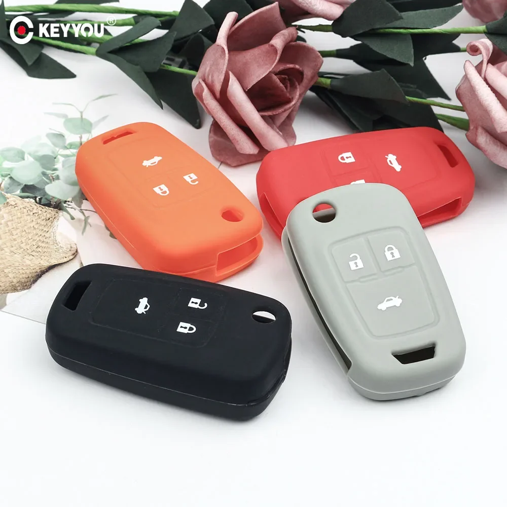 KEYYOU Skin Silicone Car Key Cover Case Shell Holder Fob For Chevrolet Cruze AVEO SAIL TRAX MALIBU CAPTIVA 3 Buttons Flip Key