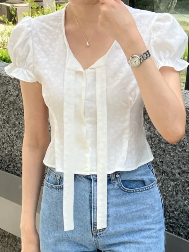 

Chic Retro Summer Embroidered Sa Single Button ort Sve High Waist ort Length irt for Small Stature Women