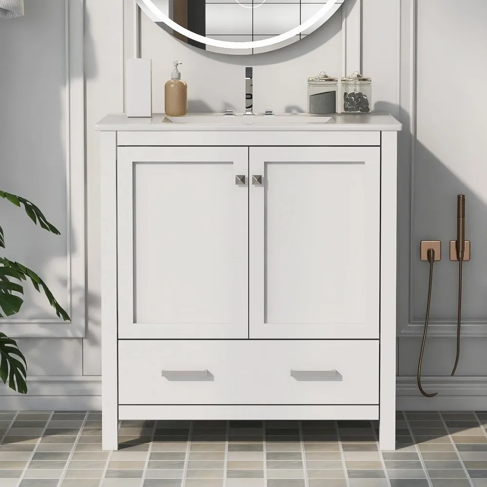 Bathroom Vanity with Top Sink Single Bathroom Vanity Set with 2 Doors and a Drawer, Soft Closing, Bathroom Vanity