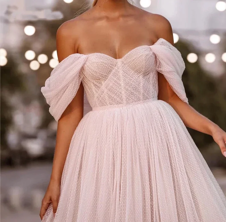 Roze off-the-shoulder tule korte trouwjurk met mouwen elegante theelengte bruidjurk voor feestreceptie vestido de novia