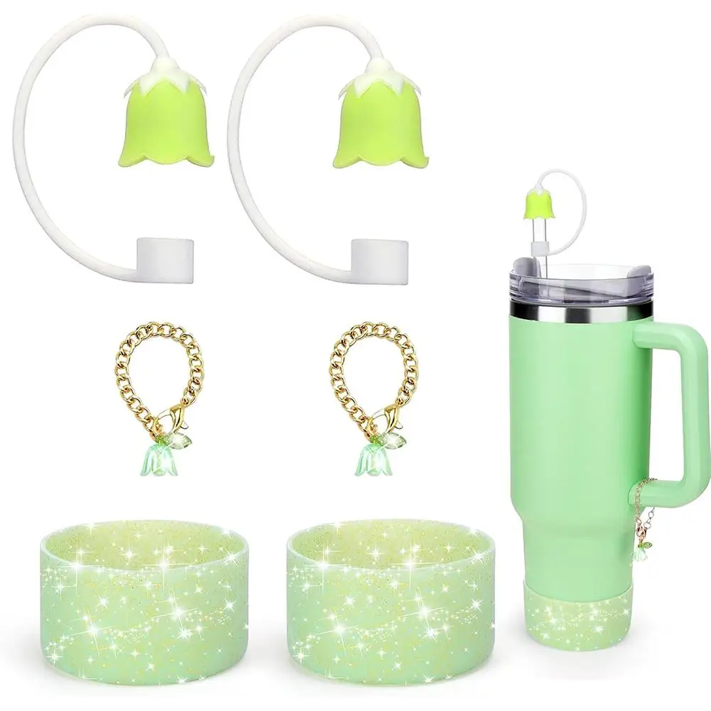 Bluebells Flower Straw Toppers and Handle Charm for Stanley 20/30/40 oz Tumbler with Glitter Protective Silicone Boot W8V5