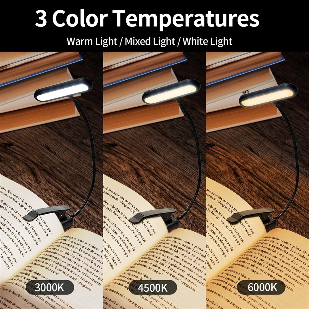 USB Rechargeable LED Reading Lamp Book Clamp Reading Light 3 color Temperatures for Work Reading Student Dormitory Night Light