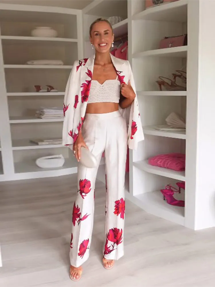 

Женский брючный костюм с принтом роз, Длинные прямые брюки с высокой талией, повседневный жакет с карманами и длинными рукавами в стиле ретро, 2024