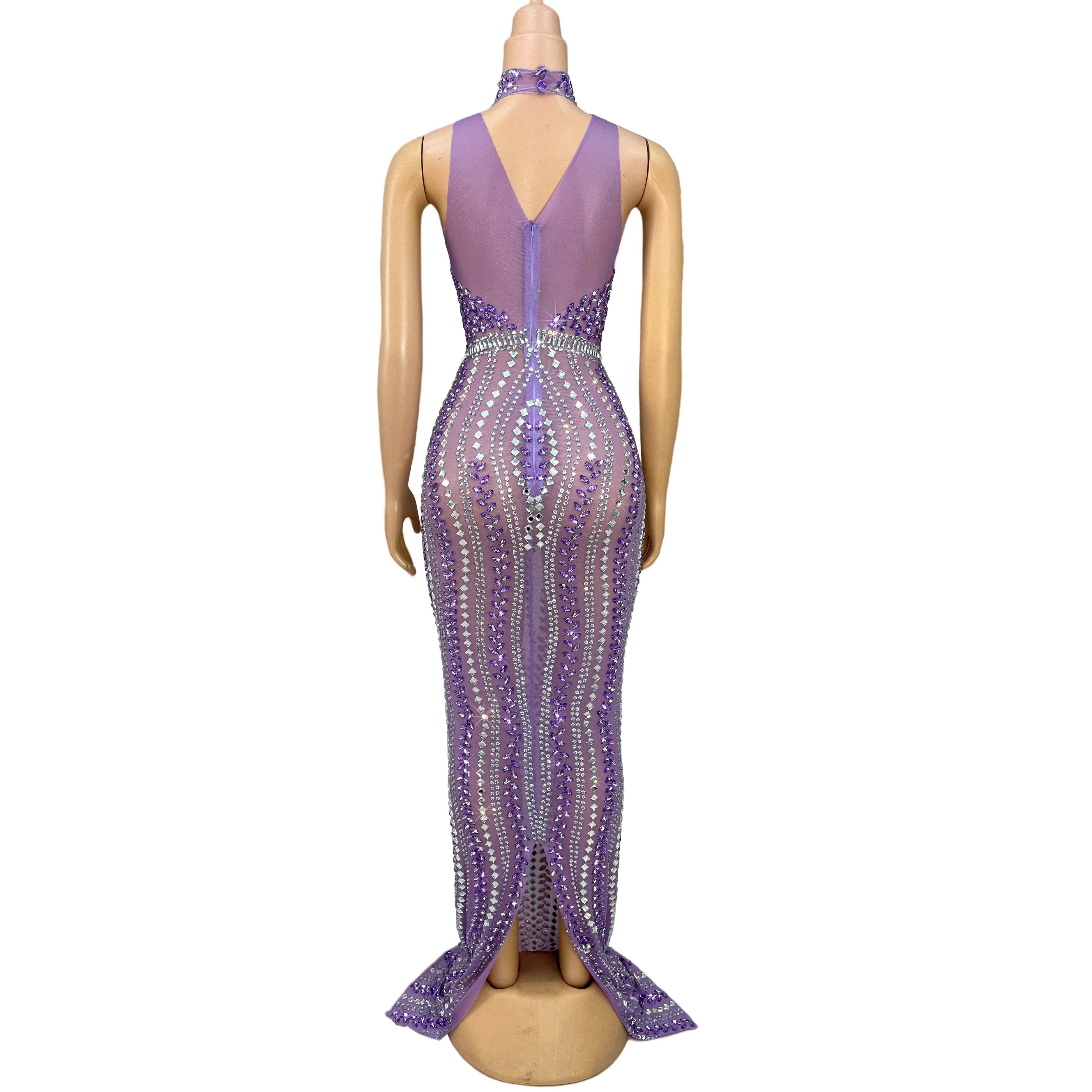 Vestido de noche morado elegante para mujer, vestido largo sexi de malla transparente con diamantes de imitación brillantes, traje de fiesta de graduación, disfraz de alfombra roja Zizi