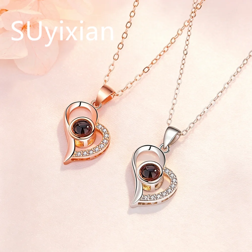 

925 Sterling Silver Fashion 100 Languages I Love You Projection Stone Love Necklace Pendant, Valentine's Day Anniversary Gift