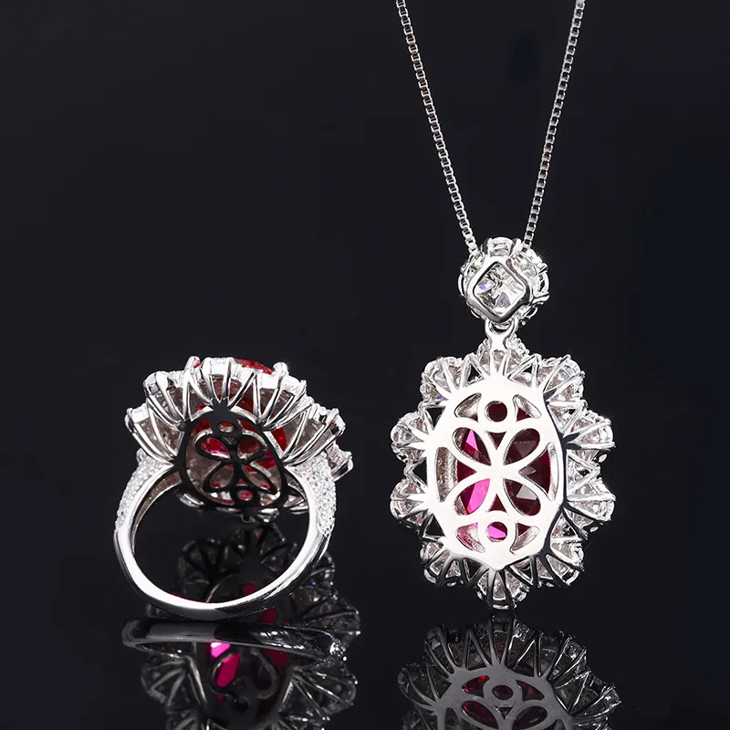 New Jewelry 18K Gold PT950 Platinum Pigeon Blood Ruby Pendant Ring Set Large Denier Shape 12*16
