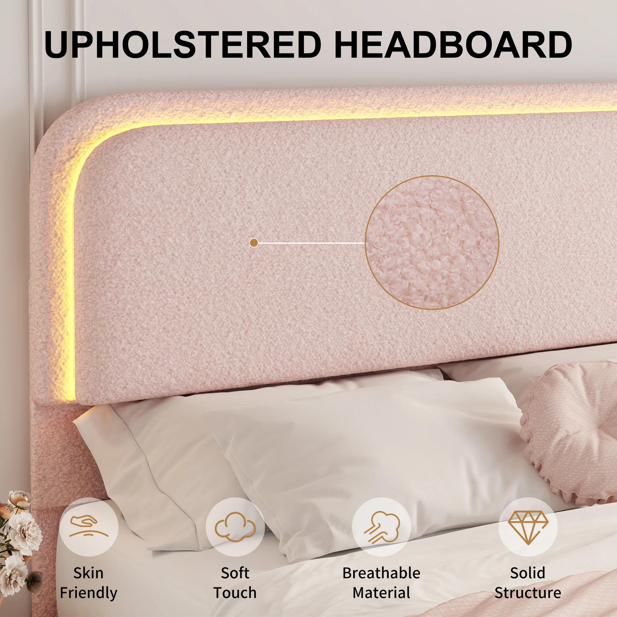 SIBEDS Queen Teddy Fleece Upholstered Bed Frame with LED Lights, Modern Cloud Platform Bed with Curved Headboard & Footboard, Thickened Rounded Corners, No Box Spring Needed, Cream image 6