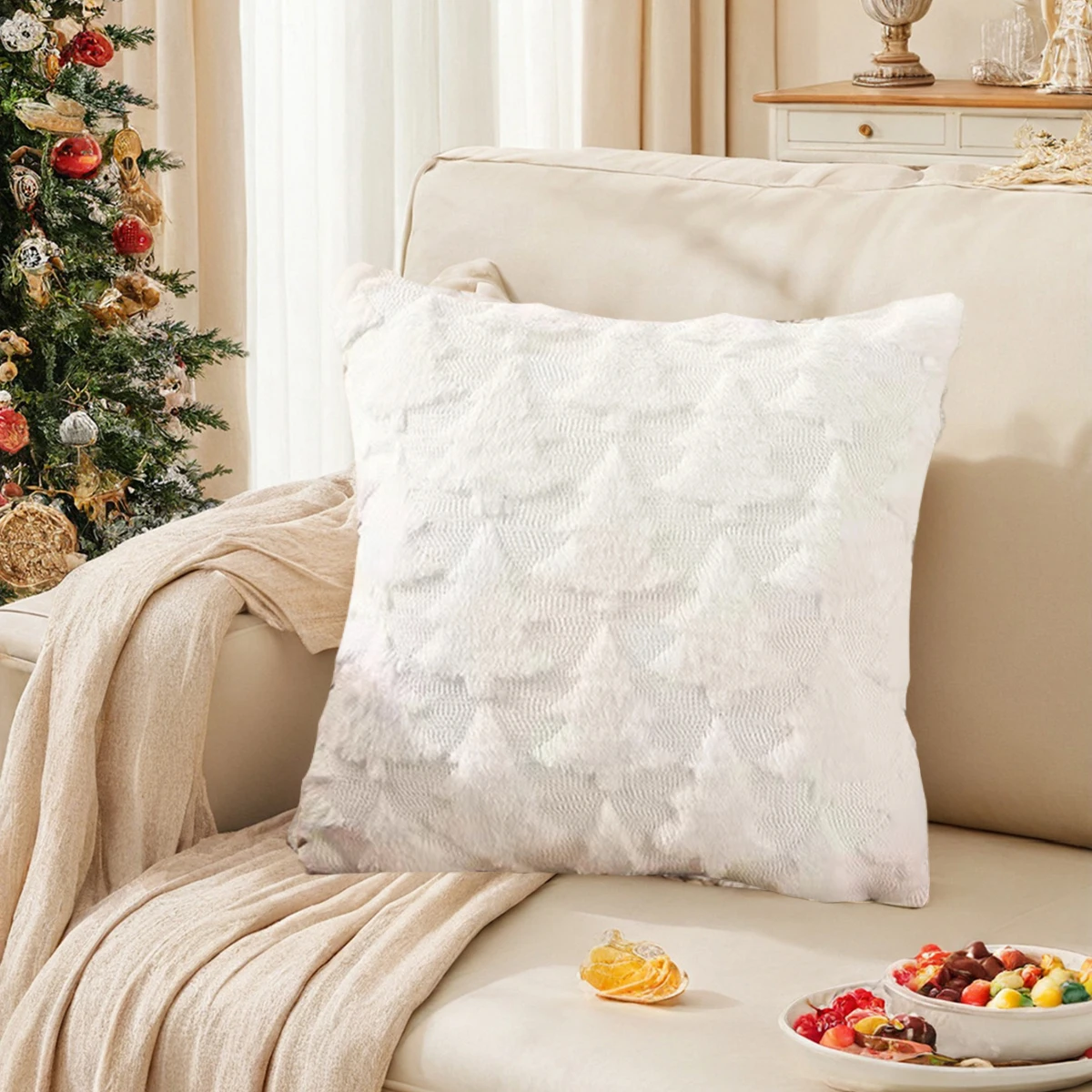 1pc Christmas Pillow Covers, 3D plush Christmas tree pattern Throw Pillowcase, 18x18 inches, for winter home decor on sofas