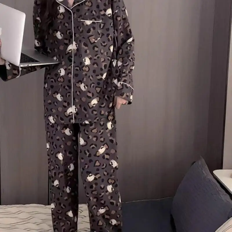 

Sanrio Leopard Print Pajamas Hello Kitty Pajamas Print Female Spring Autumn Long Sleeves Trousers Leisure Loose Home Clothing