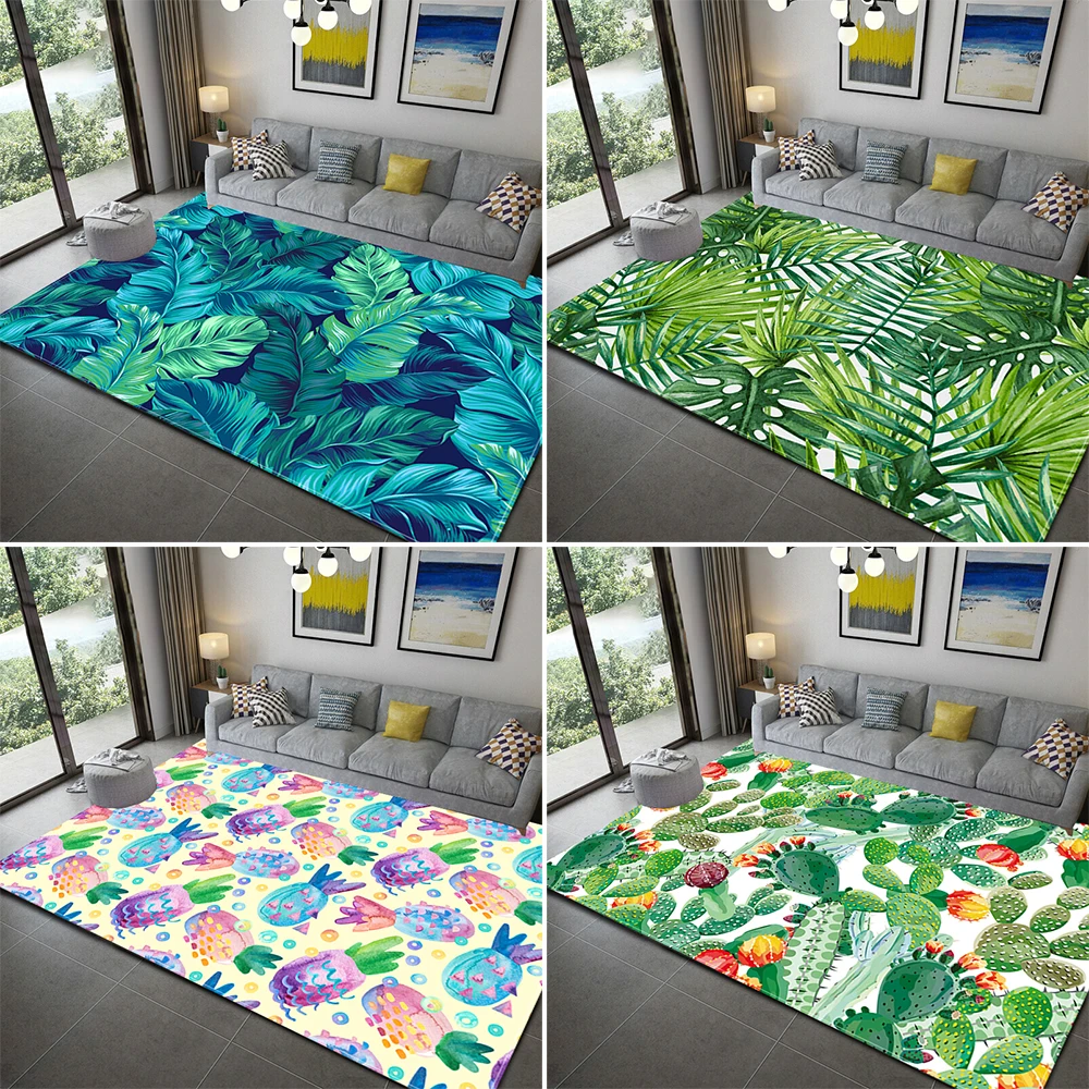 Tropical Green Leaves Area Rug Watercolor Painting Polyester Area Rug Mat Carpet for Living Dining Dorm Room Bedroom Home Decor