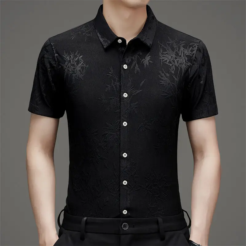 Men's Clothing Summer Turn-down Collar Button Embroidered Geometric Shaped Short Sleeve Cardigan Shirt Casual Retro Fashion Tops