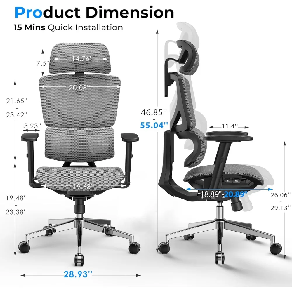 

Ergonomic Office Chair - Big & Tall 6'6"Mesh Chair with Dynamic Lumbar Support, 4-in-1 Quick Adjust, 350lbs Capacity.
