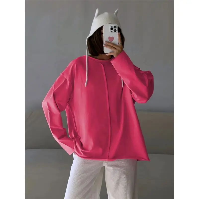 YLS- تي شيرت نسائي كبير الحجم بأكمام طويلة تي شيرت أساسي برقبة دائرية ملابس خريفية غير رسمية للتمرين Y2K