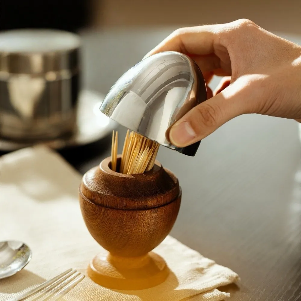 

Stainless Steel Ebony Wood Toothpick Holder Simple Mini Egg-shaped Toothpick Dispenser Box Retro Elegant Cotton Swab Storage Jar