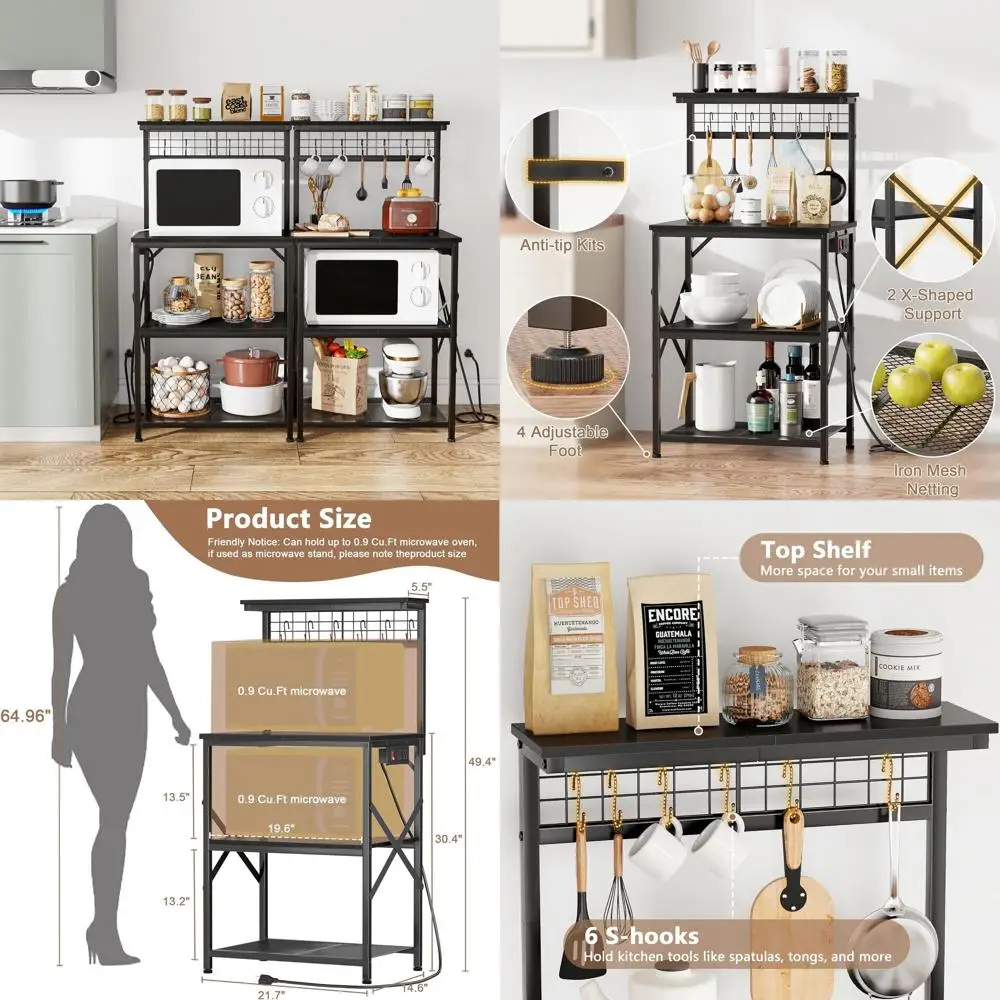 

4-ярусная кухонная полка-стеллаж с розеткой и подставкой для микроволновки, полка для хранения с 6 крючками для кофейного уголка, специй и кастрюль