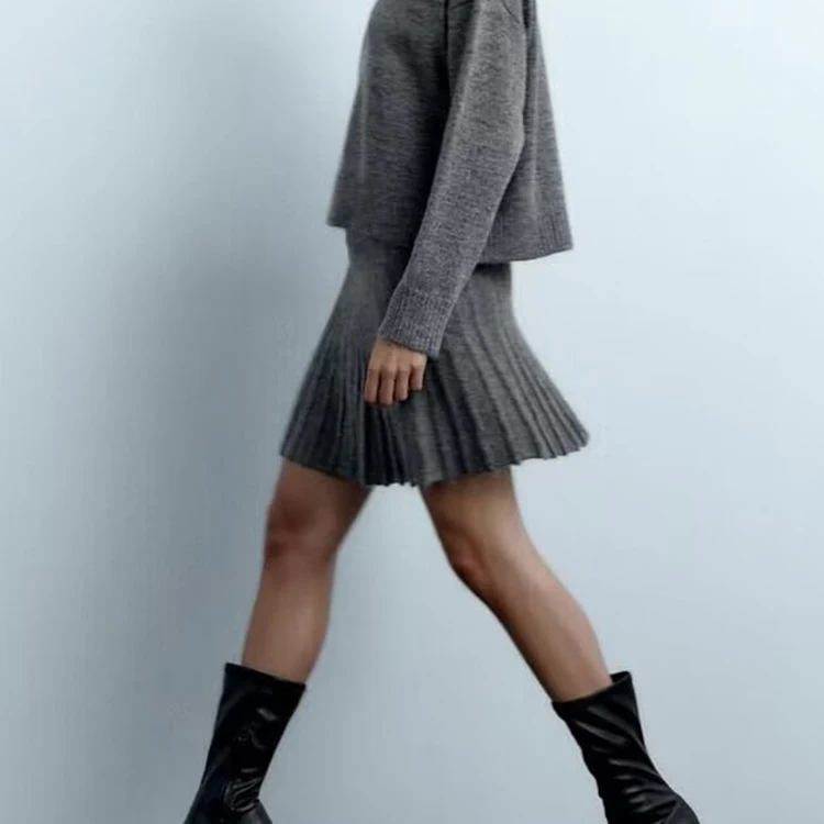 Z Faion Conjunto de falda de punto con cuello alto para mujer Or Sle Long Sve Color de cintura alta Ropa para las cuatro estaciones