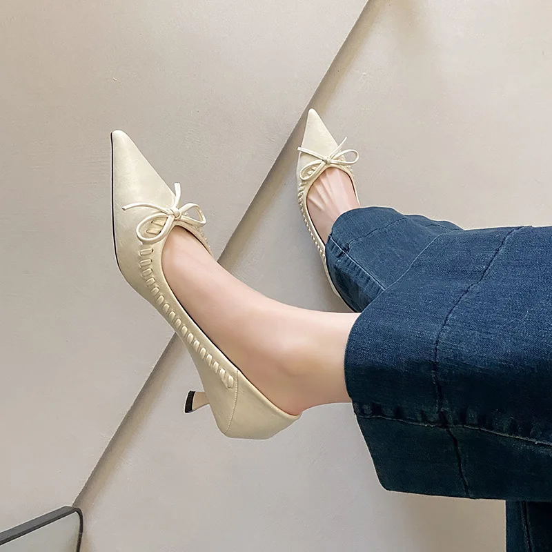 

Женские туфли-лодочки с острым носком и бантом, на тонком каблуке, весна 2026, новая модель, сексуальные, элегантные.