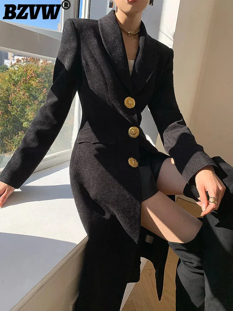 BZVW Black High-end Light Luxury Blazer Jacket Women\'s 2023 Winter Collection Waist Long Knee Length Woolen Coat Female 25X4237