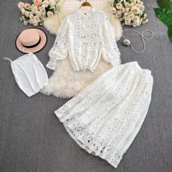 Women Embroidery Lace Hollow Out Lantern Sleeve Blouses Tops And A-Line Maxi Long Skirts Fashion 2 Pieces Skirt Set Outfits