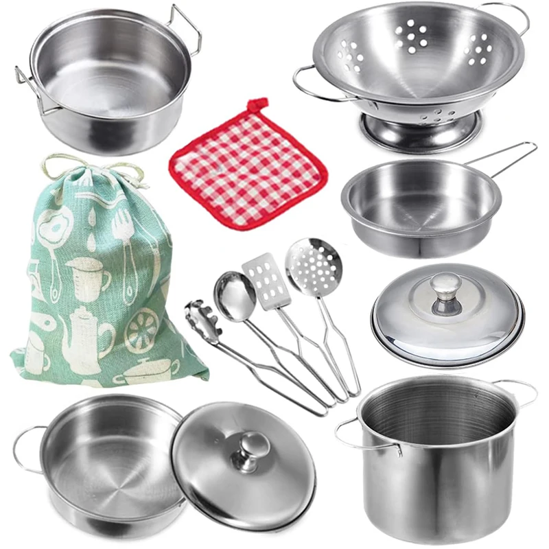 MINI Stainless Steel Kitchen Utensils Toy Set for Girls, Kids Pretend Role Play Kitchenware, Educational Simulation Cooking Play