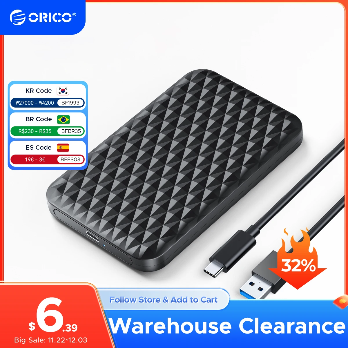 ORICO Type-C External Hard Drive Enclosure 2.5Inch with C to C cable for HDD SSD Enclosure Case for 2.5'' 7mm-9.5mm SSD HDD Box