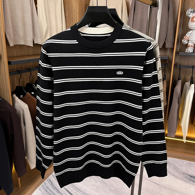 Luxury Knitted Sweater Round Neck Long Sleeve Striped Pullover Autumn Winter Fashion Casual Business Classic Versatile Mens Wear