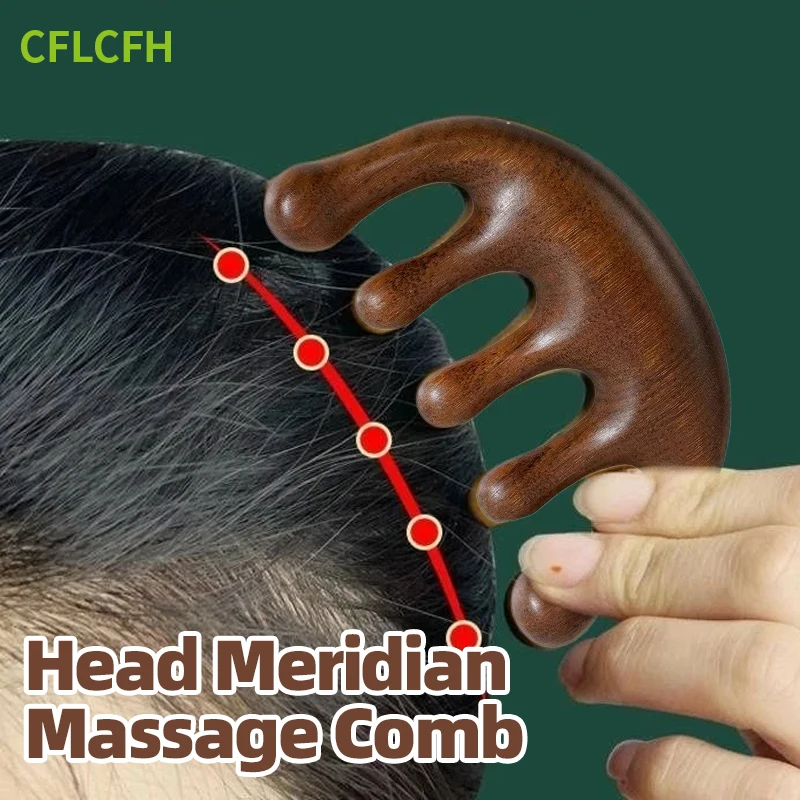 

5-Tooth Meridian Massage Comb Head Scalp Gua Sha Acupoint Massager Comb Body Acupuncture Therapy Sandalwood Wooden Tool